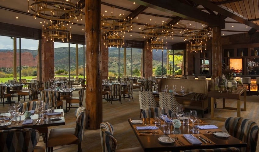 The Grand View restaurant interior and view at Garden of the Gods Resort