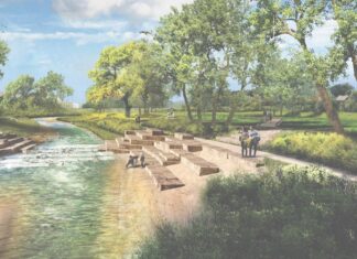 COS Creek Plan Hosts Public Open Houses Artists rendering of new park renovations to create a beach along Monument Creek