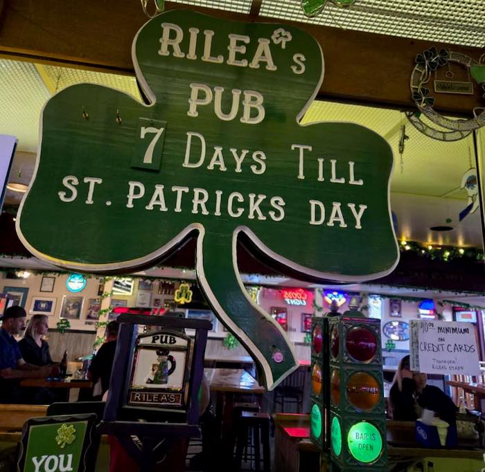 A clover leaf sign counting down the days to St. Patrick's Day at Rilea's Irish Pub in Colorado Springs.