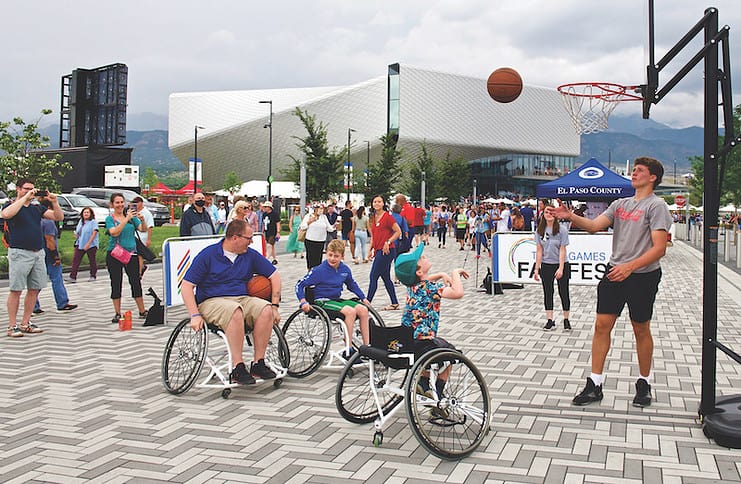 Athletes play wheelchair basketball outside of the US Olympic & Paralympic Museum. Photo courtesy of USOPM.
