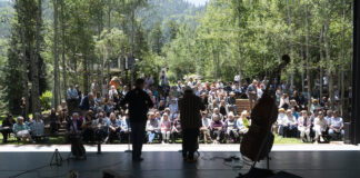 View from backstage at an outdoor concert at the Green Box Arts Festival in Colorado Springs and Green Mountain Falls.