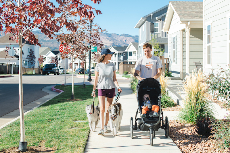 A couple pushes a child in a stroller and walks two dogs along the sidewalk in Gold Hill Mesa. 