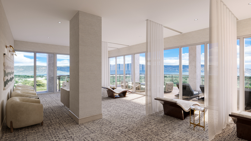 Inside the light and bright communal lobby of the Spa and Wellness Center at the Hotel Polaris.