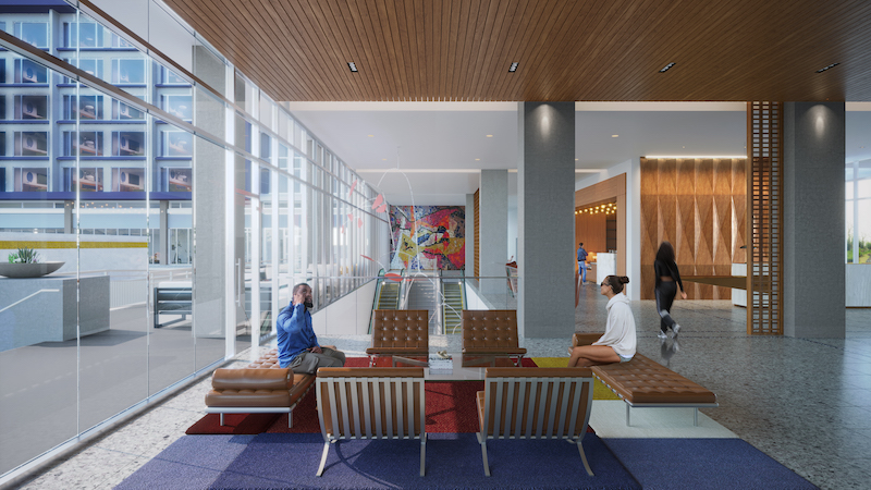 Inside the Midcentury Modern lobby of the Hotel Polaris, the new hotel at the U.S. Air Force Academy Visitor Center