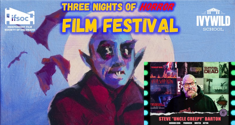 Movie poster for the Three Nights of Horror Film Festival with bald, blue monster art by Phil Lear and Steve "Uncle Creepy" Barton from Terrifier 2. The annual film festival is a favorite for Halloween in Colorado Springs.