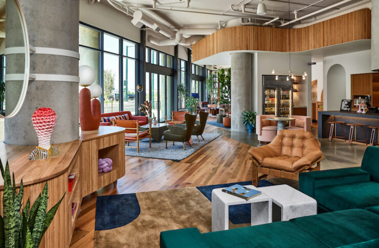 The lobby interior of the Catbird Hotel, Denver.