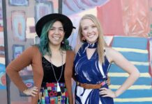 Where to Thrift in Colorado Springs two women stand in front of colorful mural in vintage clothing.