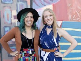 Where to Thrift in Colorado Springs two women stand in front of colorful mural in vintage clothing.