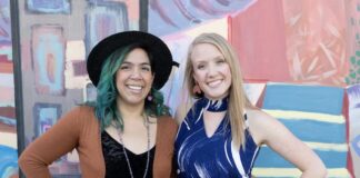 Where to Thrift in Colorado Springs two women stand in front of colorful mural in vintage clothing.
