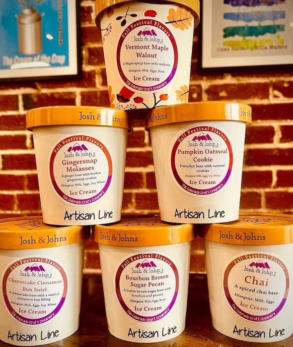 A pyramid of fall festival ice cream pints at Josh and John's Colorado Springs
