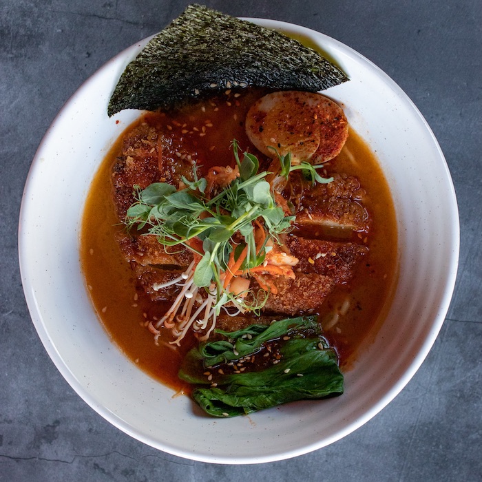 Overhead view of pork shoyu bowl at Night Ramen in Colorado Springs