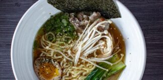 An overhead view of a ramen bowl at Night Ramen, a hot new restaurant for ramen in Colorado Springs