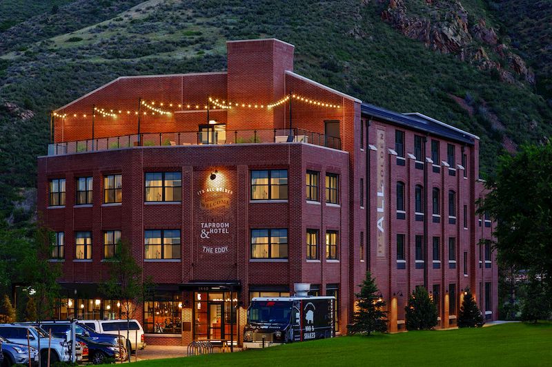 Brick exterior of the Eddy Taproom and Hotel, one of the best Denver hotels in Golden