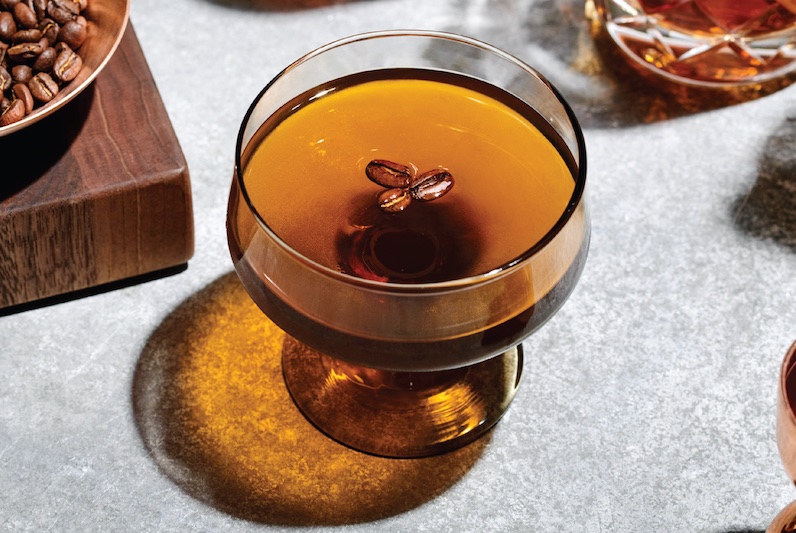 Coffee beverage in cocktail glass at Blk Mgr in the Mining Exchange Hotel in Colorado Springs