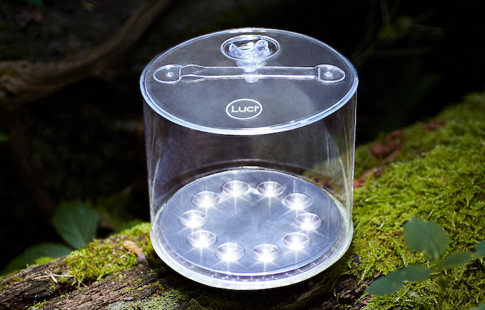 A Luci solar LED lantern sits on a log