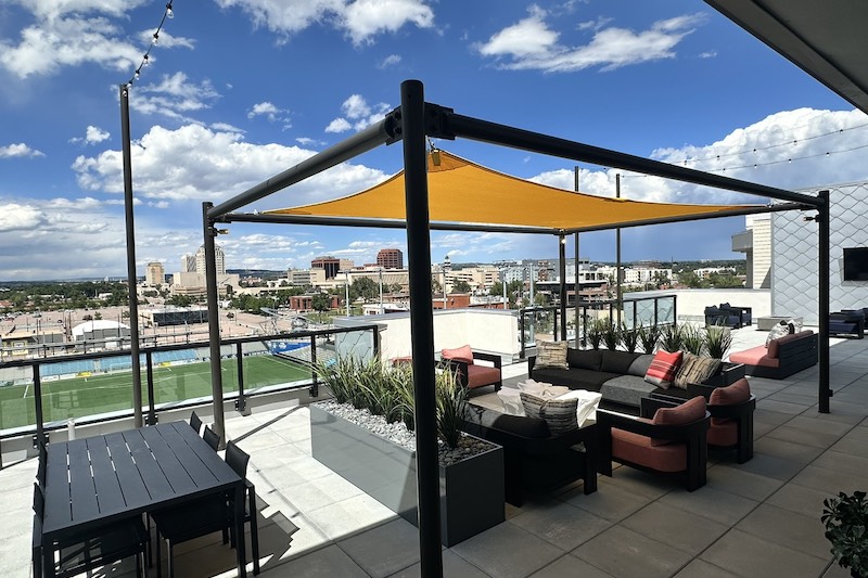 The Sky Deck at the Experience at Epicenter overlooking Weidner Field stadium and downtown Colorado Springs.