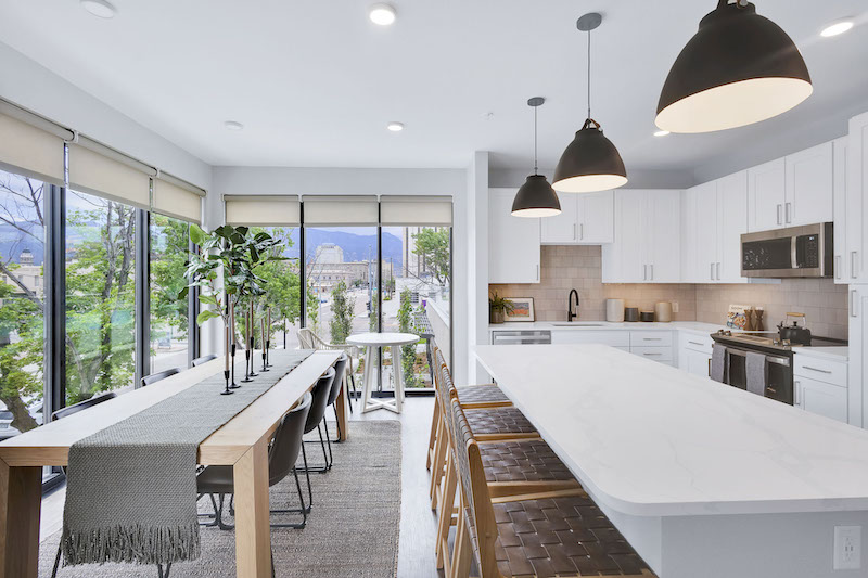 Corner kitchen views at Fiona, a new luxury apartment in downtown Colorado Springs.