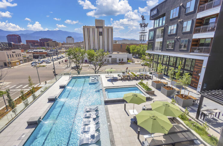 Overlooking the pool deck and city skyline at Fiona, one of the newest downtown apartments in Colorado Springs.