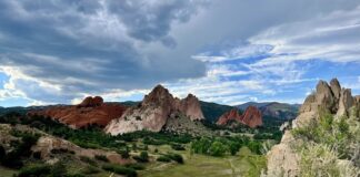 Overlooking red rock formations and hiking trails in Garden of the Gods from the Niobara Trail