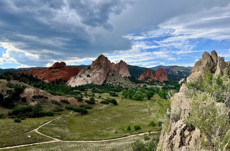 Overlooking red rock formations and hiking trails in Garden of the Gods from the Niobara Trail