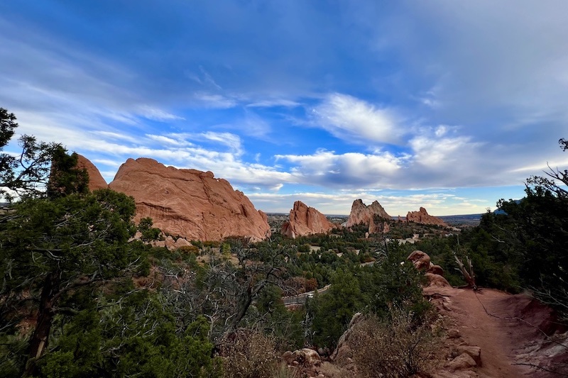 View of the Tower of Babel, Kissing Camels, Gateway Rocks and Gray Rock from the Palmer Trail in Garden of the Gods.