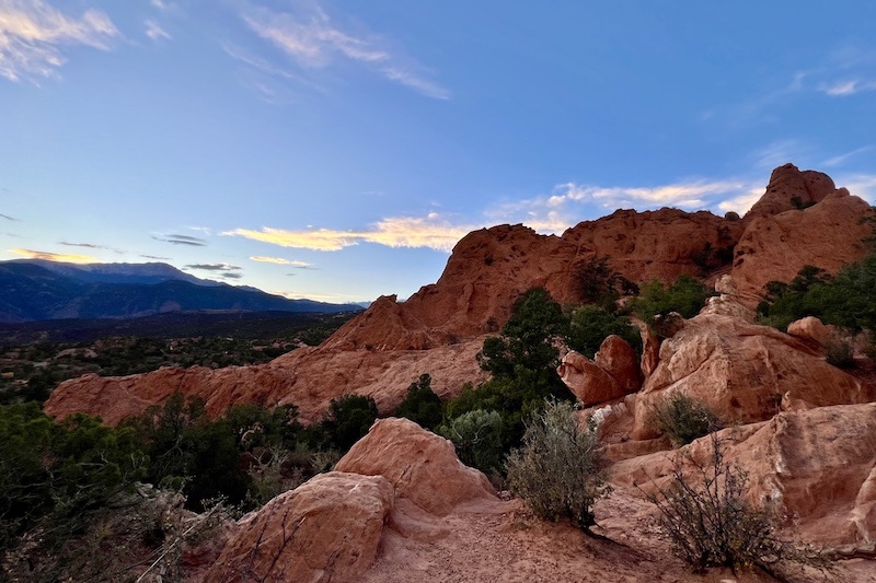 Sunset over Pikes Peak from the Ridge Trail in Garden of the Gods.