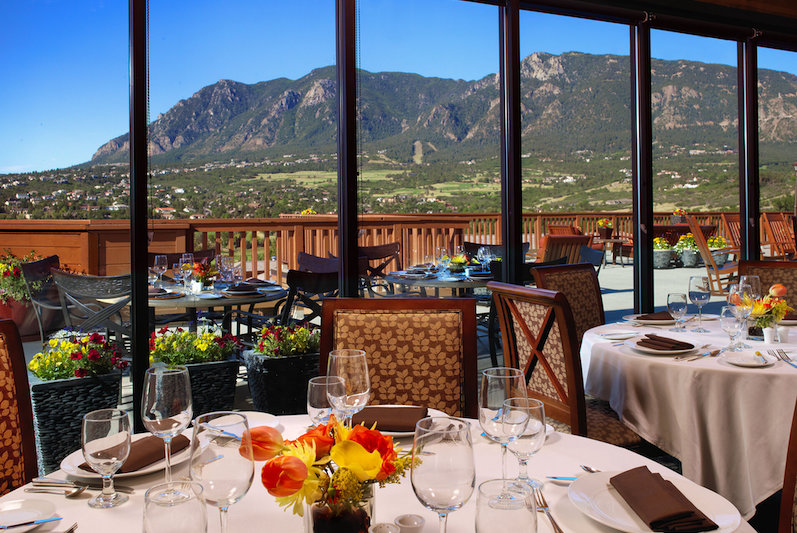 Beautiful view of Cheyenne Mountain through the windows of Mountain View Restaurant at the Cheyenne Mountain Resort and Club.