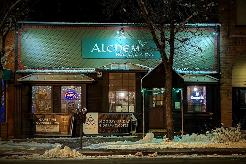 The front door of Alchemy, one of Colorado Springs favorite Irish pubs. 