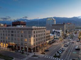 The Mining Exchange Hotel Announces New Restaurant, Oro Overhead view of the Mining Exchange Hotel, Colorado Springs skyline and Pikes Peak. The hotel just announced it will open a new restaurant Oro