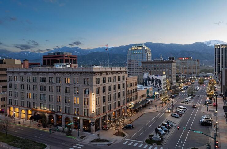 Overhead view of the Mining Exchange Hotel, Colorado Springs skyline and Pikes Peak. The hotel just announced it will open a new restaurant Oro