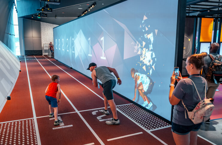 Dad and son on the starting blocks at the U.S. Olympic Museum in Colorado Springs.