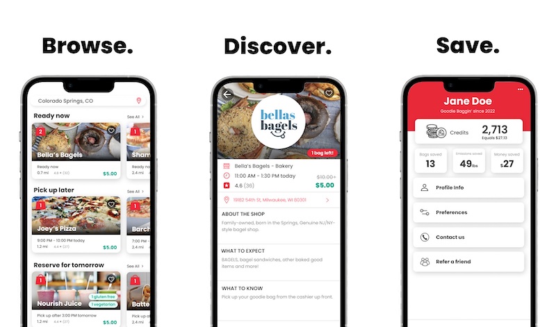 Phones screens showing how Goodie Bag app works.