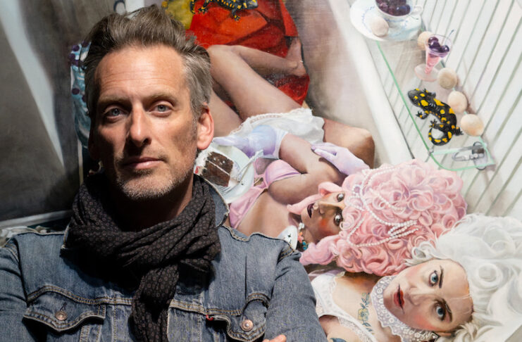 Colorado Springs painter and Bosky Studio gallery owner Brett Andrus with his large scale painting one gluttony for the Sin exhibition