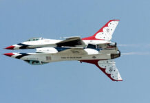 When Will the Thunderbirds Fly for Air Force Academy Graduation? Two Thunderbirds F-16 Fighting Falcon jets fly in mirror image precision.