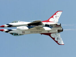 When Will the Thunderbirds Fly for Air Force Academy Graduation? Two Thunderbirds F-16 Fighting Falcon jets fly in mirror image precision.
