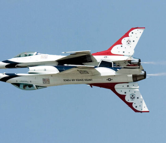 When Will the Thunderbirds Fly for Air Force Academy Graduation? Two Thunderbirds F-16 Fighting Falcon jets fly in mirror image precision.
