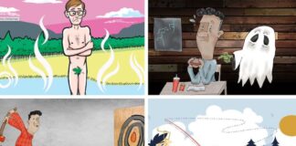 A collage of four illustrations showing Steven Hayward's misadventures while writing for Springs magazine, from clothing optional hot spring, flying fishing and axe throwing to encountering a ghost at the haunted Arby's.