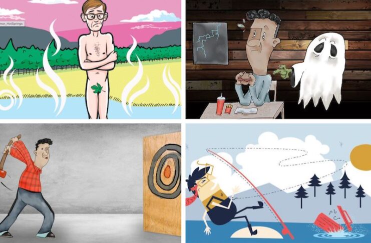 A collage of four illustrations showing Steven Hayward's misadventures while writing for Springs magazine, from clothing optional hot spring, flying fishing and axe throwing to encountering a ghost at the haunted Arby's.