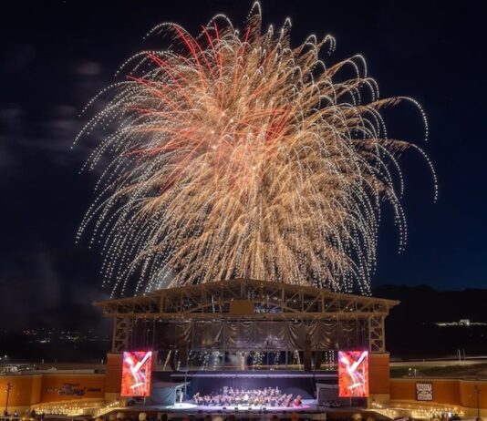 Where to Find Fourth of July Fireworks and Festivals Fireworks over Ford Amphitheater during the Star Spangled Symphony and 4th of July fireworks in Colorado Springs