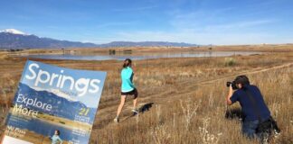 Behind the scenes view of the first cover shoot for Springs magazine showing Bryan Oller photographing Mary Baldwin at Blue Stem Prairie Open Space on the east side of Colorado Springs with Pikes Peak in the background.