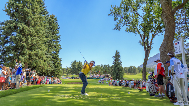 Bernhard Langer hits his tee shot on the fourth hole during the final round of the 2018 U.S. Senior Open at The Broadmoor.