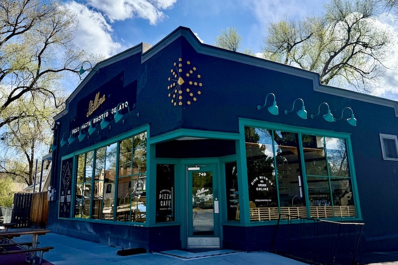 Exterior and front door to Stellina Pizza Cafe in the Middle Shooks Run neighborhood of Colorado Springs.
