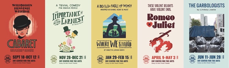 Row of posters for the plays in Theatreworks 2025-2026 50th anniversary season.
