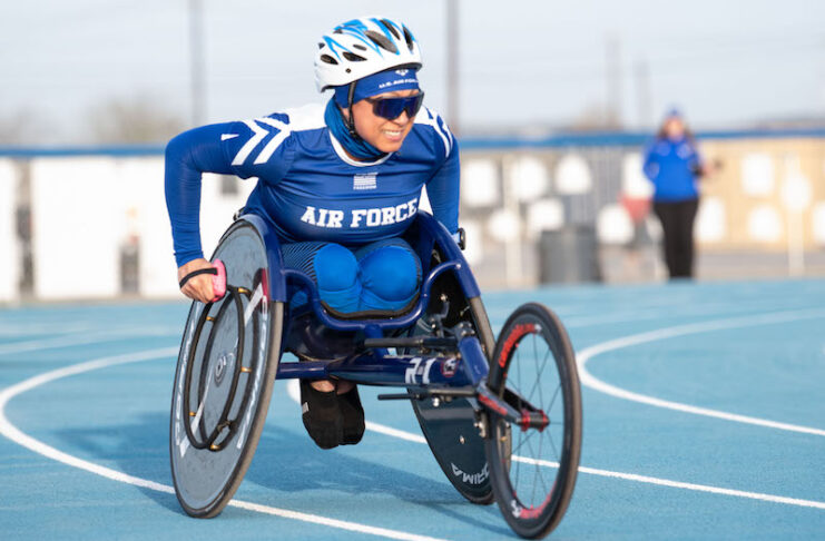 An Air Force athletes competes in a wheelchair race at the Warrior Games