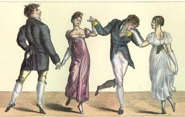 Illustration of two couples in Regency Era dress dancing at a Regency Ball.