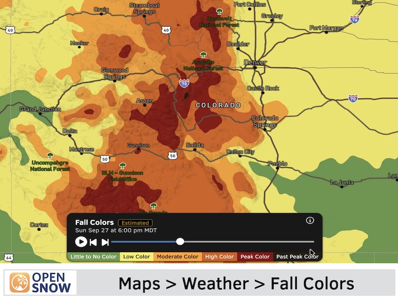 Map showing predicted peak fall color in Colorado by OpenSnow.