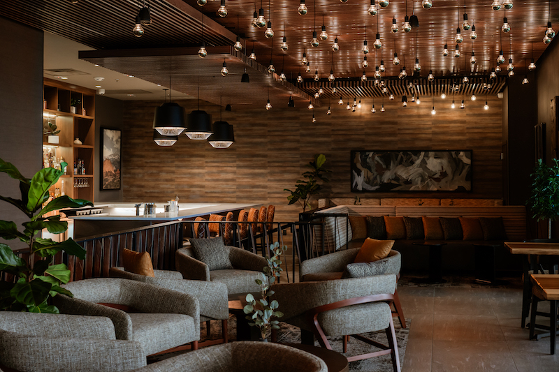 The chic interior seating and bar at Ryze Skyline Lounge in downtown Colorado Springs.