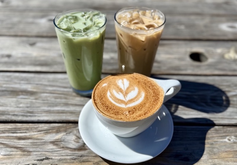 An iced matcha, iced latte and hot Ginger Spice Latte — some of the best seasonal drinks at Colorado Springs coffee shops.