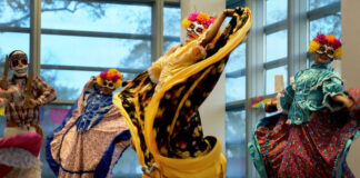 Traditional Mexican folklorico dancers at Dia de Muertos celebrations at the Colorado Springs Fine Arts Center at Colorado College, the largest Day of the Day celebration in Colorado Springs.