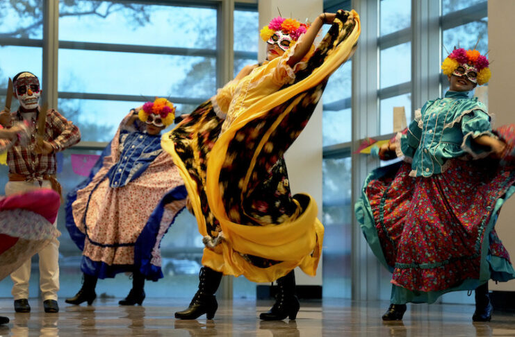 Traditional Mexican folklorico dancers at Dia de Muertos celebrations at the Colorado Springs Fine Arts Center at Colorado College, the largest Day of the Day celebration in Colorado Springs.